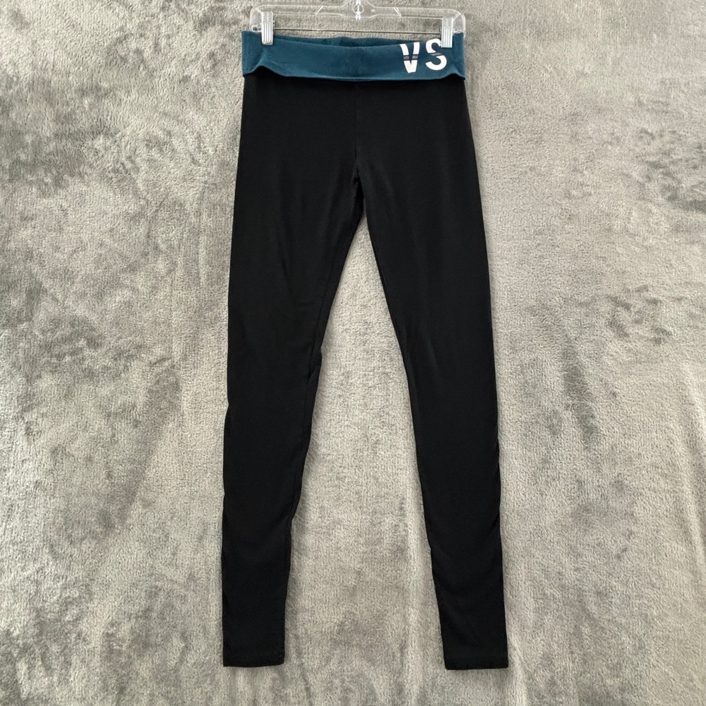 Victoria's Secret VS Foldover Waist Leggings Womens S Black Teal Yoga Pants Logo